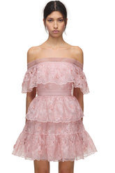 Schulterfreies, gestuftes Minikleid mit Blumenstickerei - Zartrosa